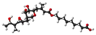 Ball-and-stick model of the pseudomonic acid A molecule, the principal component of mupirocin