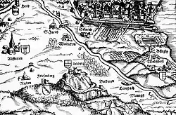 Western and southern areas around the city of Zürich on the so-called Kantonskarte (Zürcherkarte) by Jos Murer (1566)