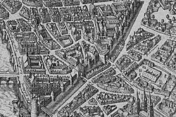 Plan de Mérian (1615) : at bottom, the tour de Nesle, the Hôtel de Nevers, and the ditch