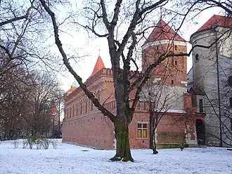 Preserved section of the defensive wall with towers and the City arsenal as seen from the Planty in winter