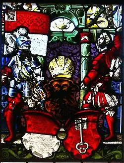 Standesscheibe of Unterwalden (16th century), showing the red-and-white design for Obwalden and the double-key design for Nidwalden.