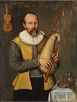 Dutch musician wears a jerkin with ribbon points as fasteners, 1632.