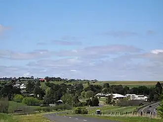 Myrniong seen from the west. The Western Freeway can be seen to the right.