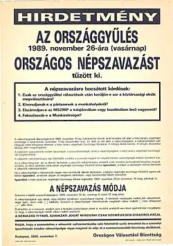 Public poster announcing the 'four-yes' referendum (November 26, 1989).