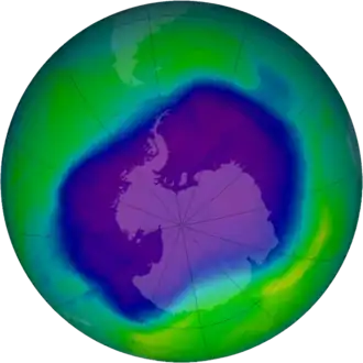 Image of the ozone hole spanning almost all of Antarctica