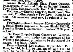 Clipping from a newspaper small-ads column containing ads for a bazaar, football matches, a concert and a sale of fur accessories