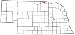 Map of Nebraska showing the location of Butte in Boyd County in the north central part of the state near the South Dakota border.