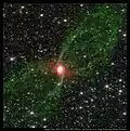 The Red Spider Nebula with JWST NIRCam. Iron is blue, molecular hydrogen is green and Br-alpha is red.