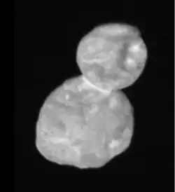 Arrokoth as seen by LORRI on January 1, 2019, at distance of 18,000 miles (28,000 kilometers)