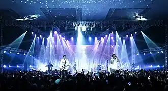 The band performs in Makassar on 25 November 2022. From left: David, Lukman, Iwan, Rio, Ariel, Lanlan