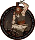 Mission "patch" of NROL-55: a weapon smith (Hephaestus) is forging a sword. "SUSTENTANTES BELLATORES DE CÆLIS" means something like "In sustained support for the warriors, from the sky/or heaven"