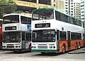 Second-handed Alexander R bodied Volvo Olympian, one in CMB livery, other repainted in NWFB livery at Chai Wan in August 1999