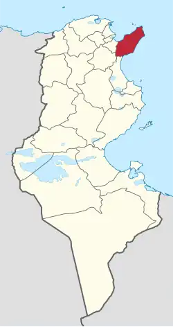 Map of Tunisia with Nabeul highlighted