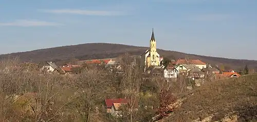 View to Nadap church and Velence Hills