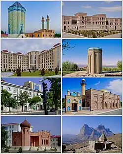 Landmarks of Nakhchivan, from top left: Garabaghlar Mausoleum • Khan Palace Nakhcivan Hospital • Momine Khatun City Centre • Juma Mosque Feminine Centre • Khanegah tomb