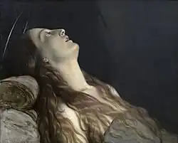 Oil painting showing a young woman lying on her deathbed, viewed in profile with long hair and half-closed eyes