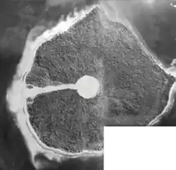Sky view of the island taken in 1945, showing only one prominent mudflow. Today, multiple mudflows are visible.