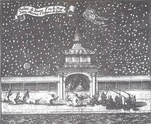 King Narai observing a lunar eclipse with French Jesuits in Lopburi, 1685.