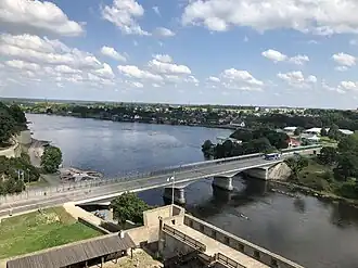 View of the Friendship Bridge, the Narva promenade, and Ivangorod (from the tower of Hermann Castle, Narva)