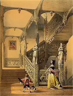A monochrome lithograph of a grand wooden staircase
