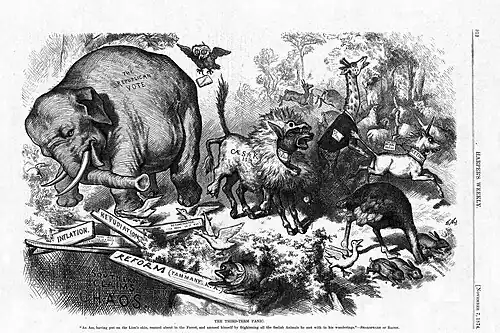 An 1874 cartoon by Thomas Nast, featuring the first notable appearance of the Republican elephant[76]