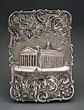 Silver Castle-top card case showing the Royal Exchange in London