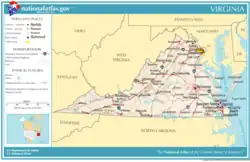 Map of Virginia with major highways running mostly north–south across it, with several connected. Major cities are marked on it, as are the neighboring states.