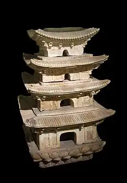 Terracotta pagoda model with lotus, bodhi leaf, dancer decoration, Hanoi (11th–13th century)