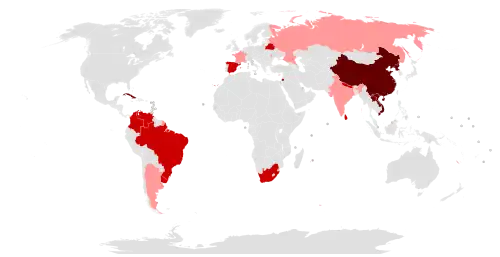 Map of nations with communist parties as of September 2025