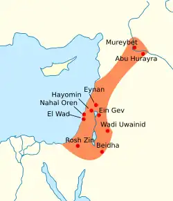 A map of the Levant with Natufian regions across present-day Israel, the Palestinian territories Jordan, and a long arm extending into Lebanon and Syria