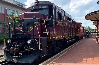New Hope & Ivyland Railroad EMD-GP30 number 2198 with a southbound train at New Hope station