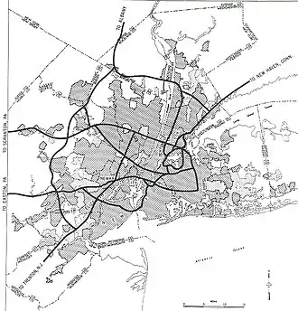 A map of the New York City area showing county borders in addition to proposed interstates, which are in thick black