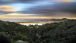 View down to Ngunguru, across the Ngunguru River estuary and sandspit, and out into Ngunguru Bay