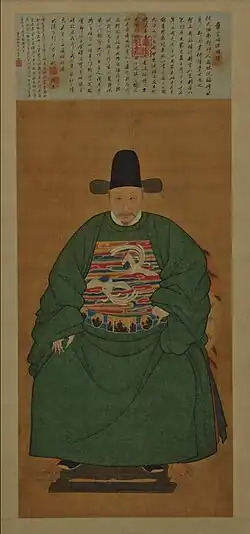 Painting of a bearded man dressed in dark robes (on the left), with two much smaller young men, one wearing his hair in a top-knot and carrying something rolled in red piece of cloth. The background is a winter scene.
