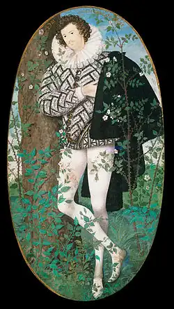 Young Man Among Roses, c. 1585–1595, Victoria & Albert Museum. Believed to be Robert Devereux, 2nd Earl of Essex[42]