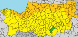 Map of the Nicosia District in yellow with a green segment in the bottom right corner indicating the location of Kapedes.