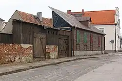 Nieszawa, Kuyavian-Pomeranian Voivodeship, Piekarska Street. Set design imitating wooden small-town architecture for the film "The Wedding" (2021), directed by Wojciech Smarzowski.
