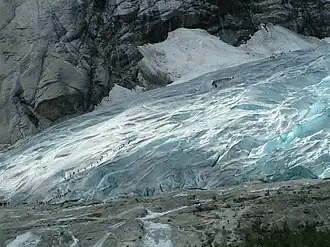 Several groups of people are glacier hiking on the glacier Nigardsbreen