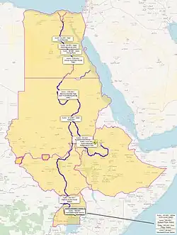 A map of northeast Africa. The Nile river is shown as a blue line. Along the Nile, locations of about ten hydropower stations are indicated.