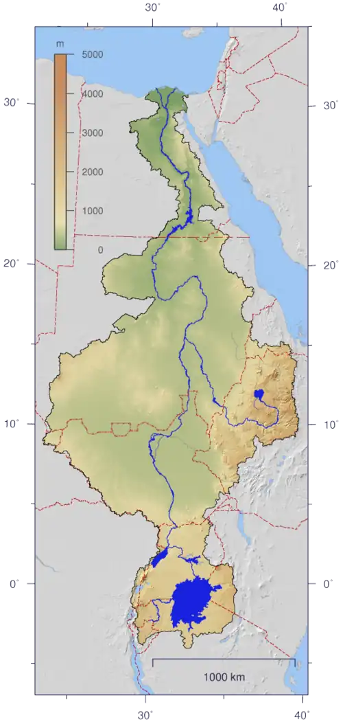 A map of the northeast Africa. The Nile River is visible as a meandering line, running vertically. The river starts at the bottom near a large round lake (Lake Victoria) and goes up (north) and ends in a large sea (the Mediterranean Sea).