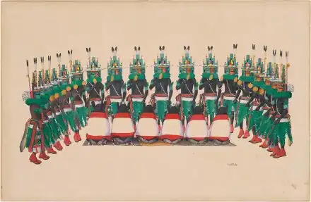 Niman Kachina Dance, drawing, gouache on wove paper laid down to board