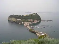A small island with steep, low cliffs viewed from a distance. Much of the island is covered in greenery, and several multi-storey buildings of white, tan, or red are visible on the near side. Other islands are visible in the distant waters.