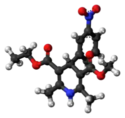 Ball-and-stick model of the nitrendipine molecule