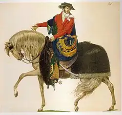 Mexican nobleman with luxury Charro outfit, wearing a low crown Jarano, with a moderately broad, slouching brim and thick hatband (1824)