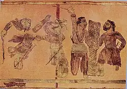 Fighting scene, between Yuezhi (warrior on the left in each pair), and Sogdians (warriors on the right in each pair).[12]