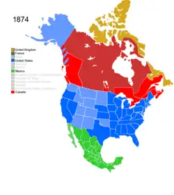 Map showing Non-Native American Nations Control over N America c. 1874