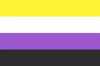 A flag consisting of four equal-spaced horizontal stripes, from top to bottom: yellow, white, purple, and black.