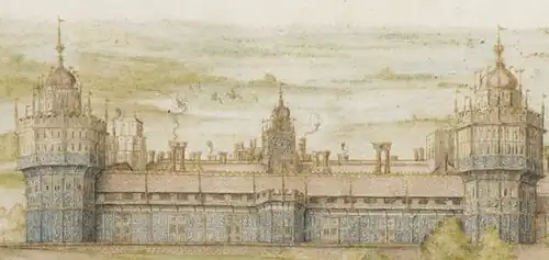 watercolour of long building flanked by two large cylindrical towers with a clock on a smaller central tower