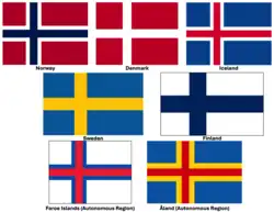 Nordic countries flag family. (Åland and the Faroe Islands are autonomous regions)