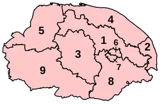 Numbered map of the parliamentary constituencies of Norfolk created by the 2007 boundary review and first used at the 2010 UK general election.